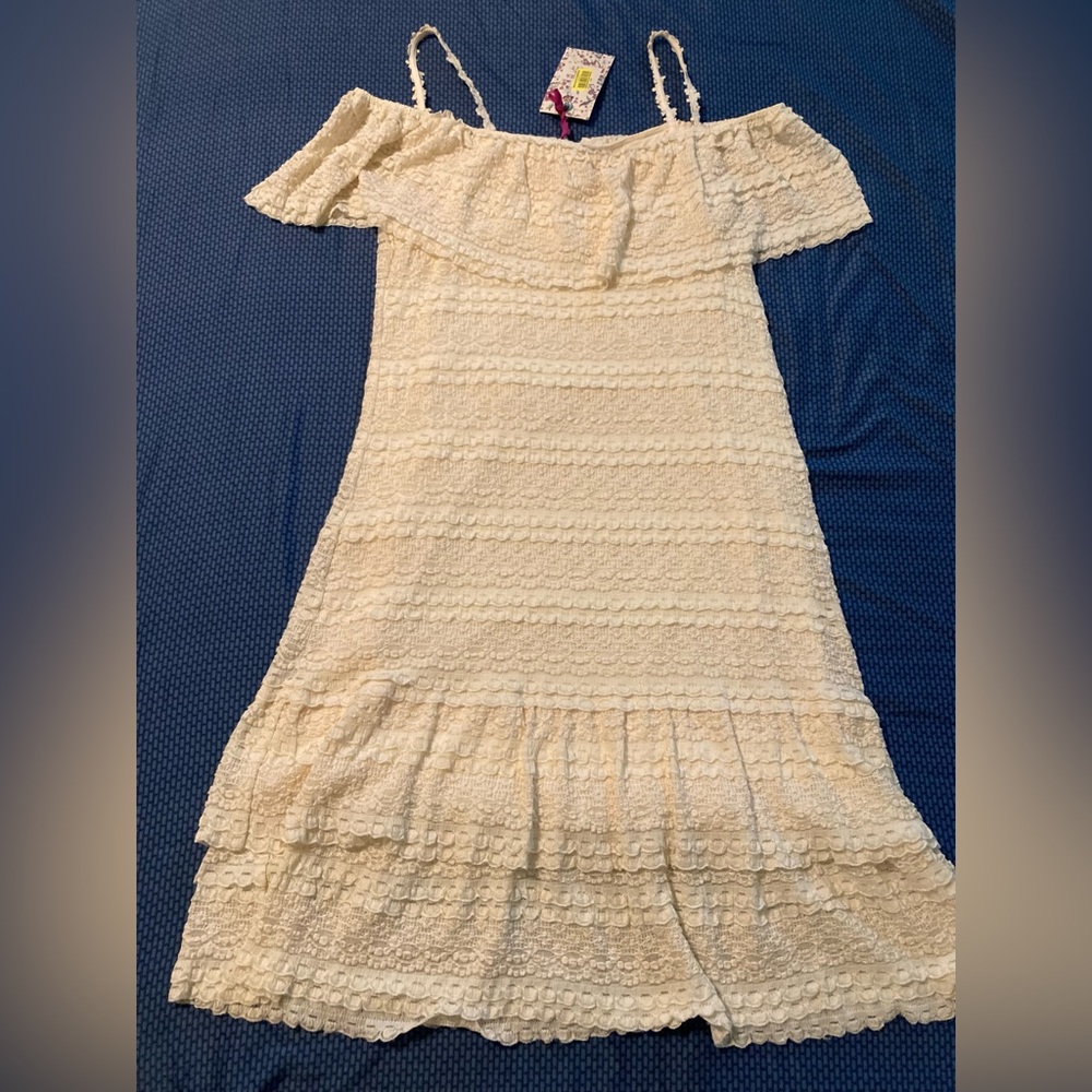 Lacy fitted off the shoulders peasant dress with straps L